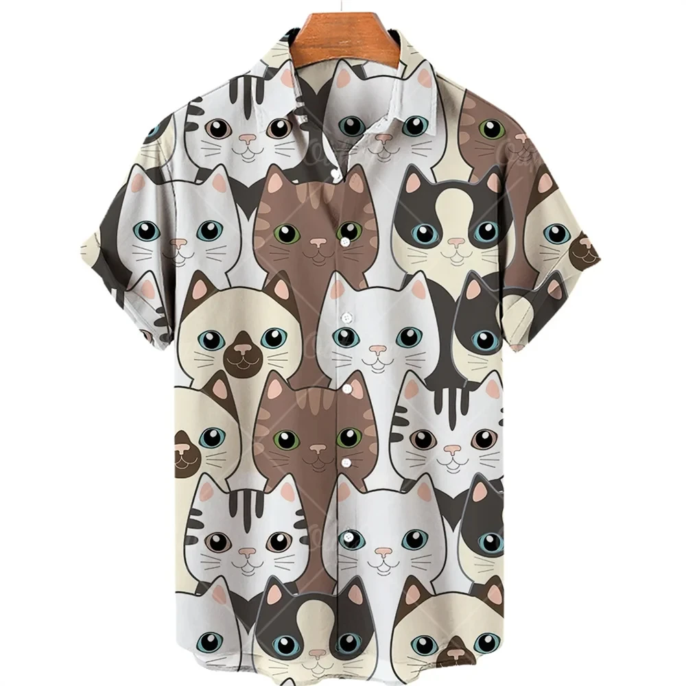 Camisa masculina e feminina Animal Cat com estampa 3D, moda casual, mangas curtas, lapela de botão, streetwear, roupas unissex extragrande