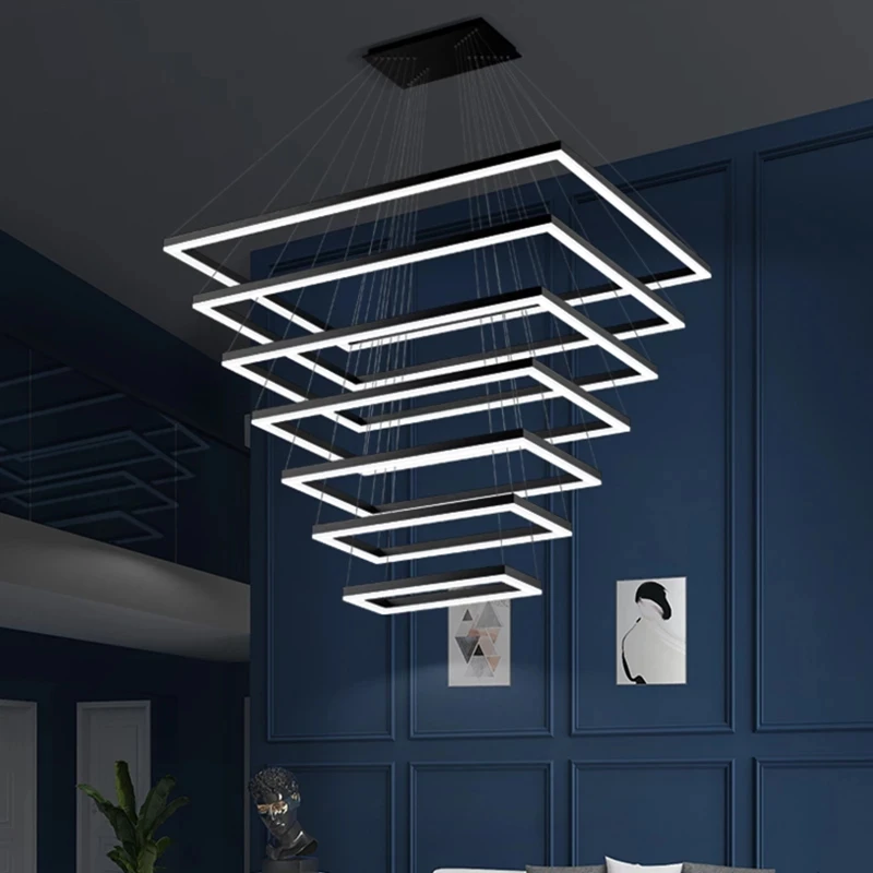 Moderno grande led lustre para escada sala de estar preto minimalismo casa pendurado lâmpada do teto luxo iluminação interior luminárias