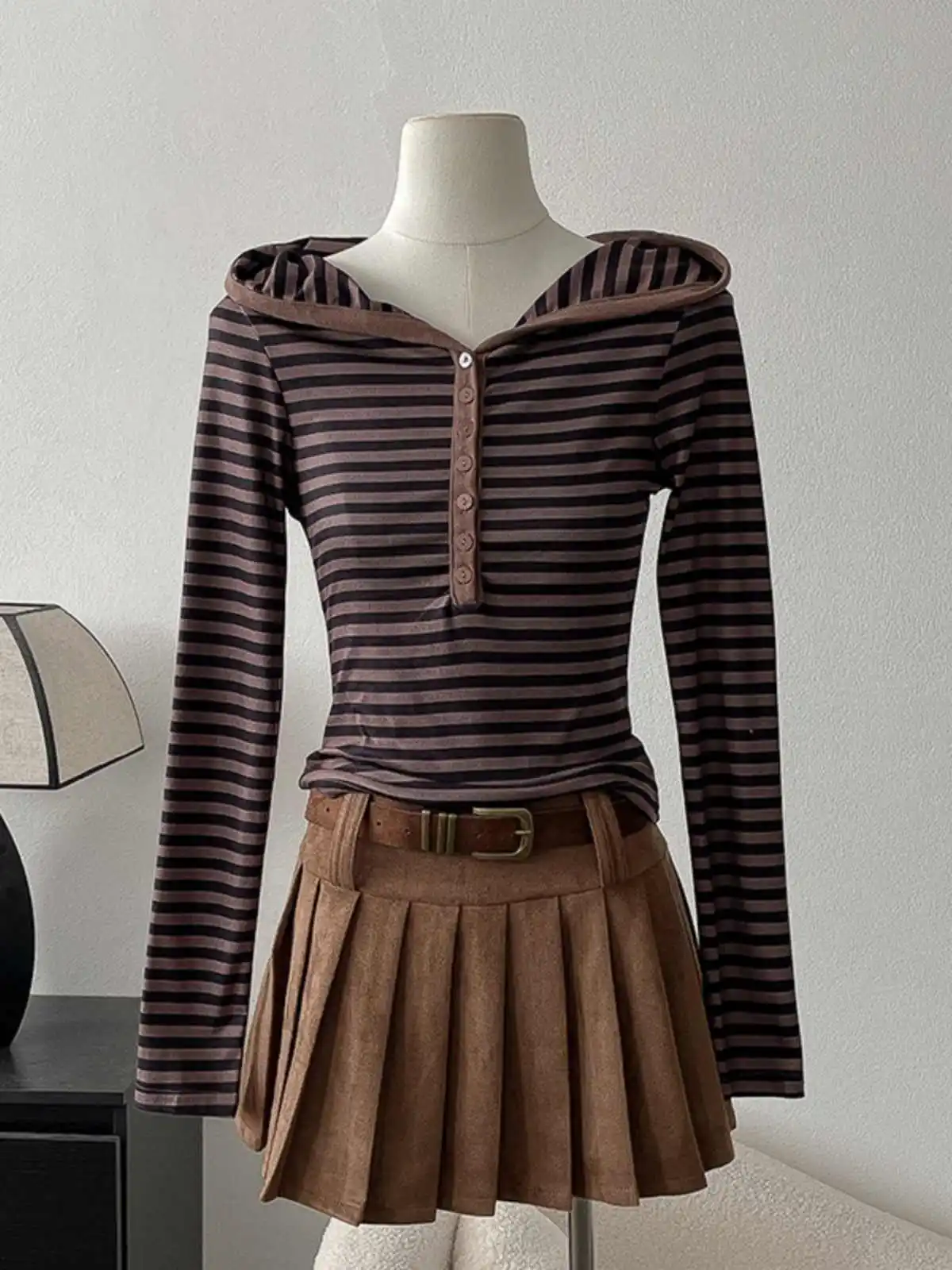 Coffee Striped Contrast Color Hooded T-shirts Women Spring New Long Sleeve Versatile Tops Simple Slim Female Blouse Clothes