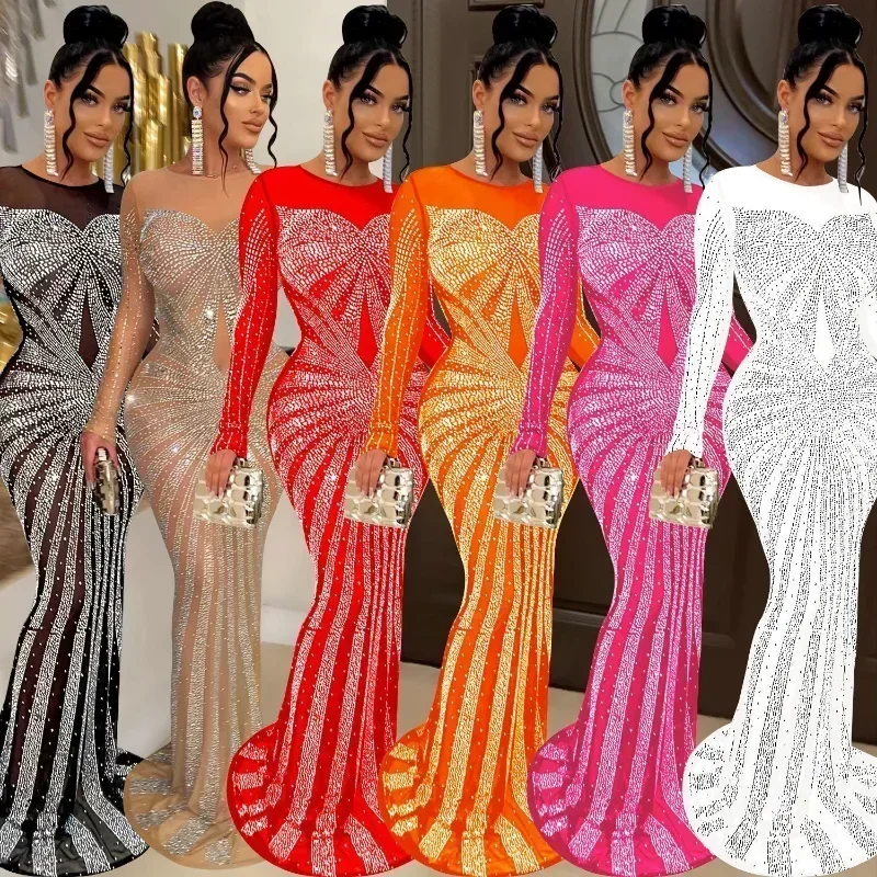 GUWU Sexy glitzerndes Strass-Kristall-Mesh-Maxikleid für Damen, Abendparty, langärmelig, rückenfrei, figurbetontes Kleid