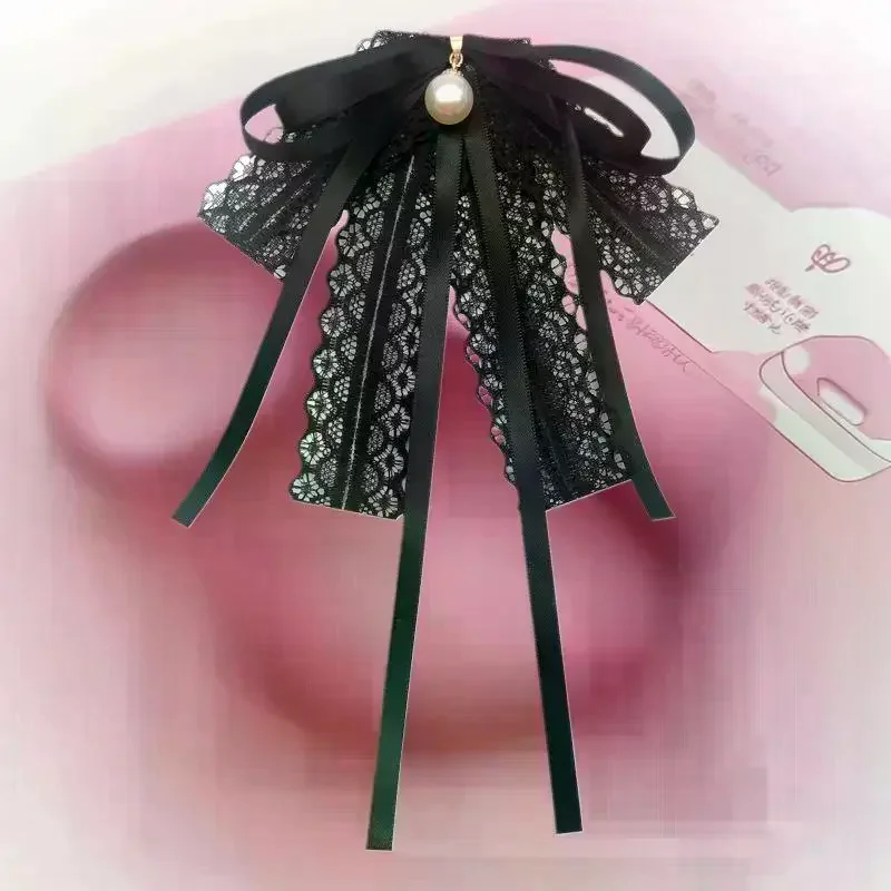 Fashion Black Lace Ribbon Bow Tie Pearl Pendant Brooch Women Shirt Collar Clothes Necktie Decoration Accessories