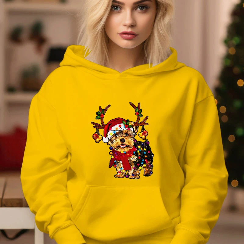 Noël renne Yorkshire chien imprimé Woomen sweats à capuche décontracté mode tendance sweat à capuche polaire à manches longues à capuche sweats de noël