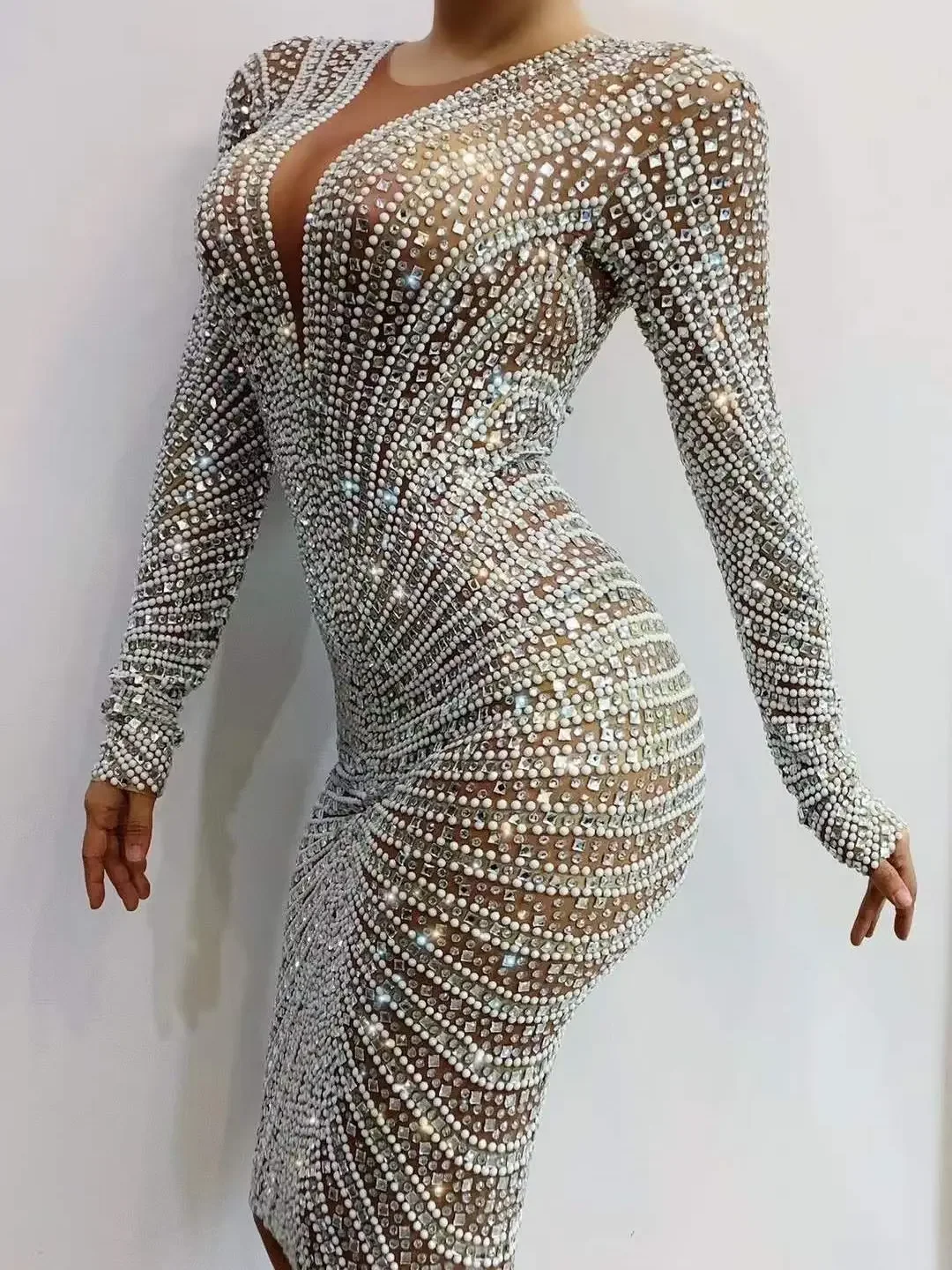 

Women Shining Rhinestones Pearls Long Sleeves Sexy Dress Evening Party Nightclub Clothing Stage Singer Costumes 2026 Drag Queens