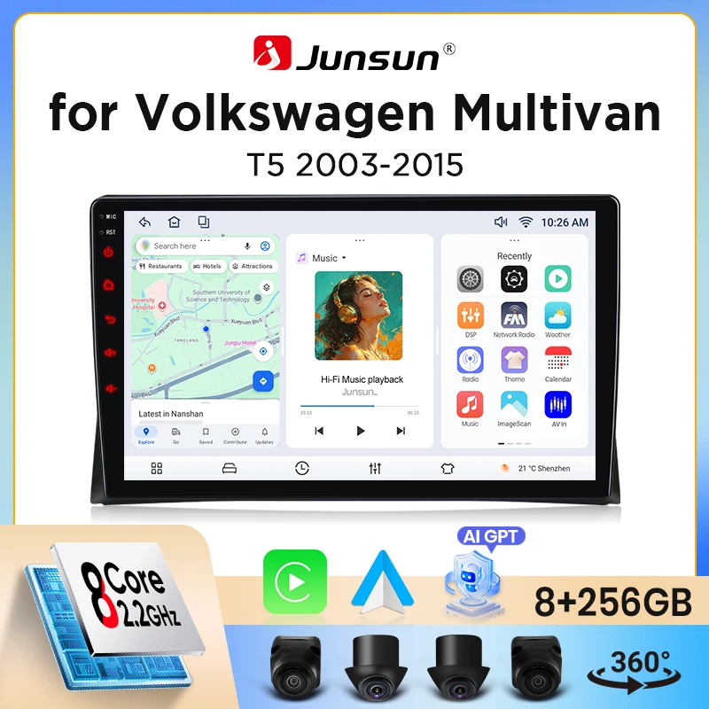 Radio para Auto Junsun con CarPlay y Android Auto Inalámbrico para Volkswagen (VW) Transporter / Multivan (T5 / Typ 7H) 2003-2015, Ventilador de Refrigeración Integrado, Navegación GPS Android, Reproductor Multimedia, WiFi, DSP, RDS, BT, SWC, Pantalla Táctil IPS, Autoradio, Reproductor de Video, Unidad Principal Estéreo
