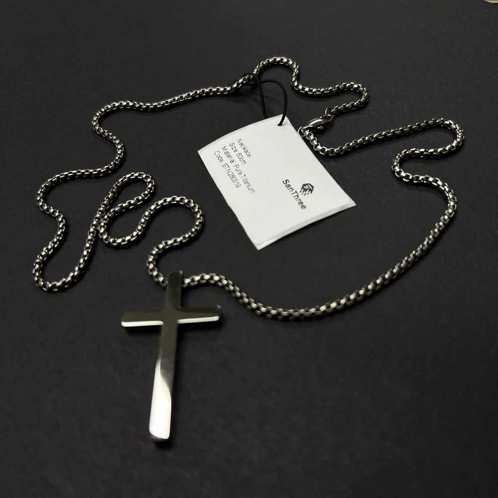 SanThree 2.5mm Width Pure Titanium Square Box Chain with Glossy Pure Titanium Cross Necklaces for Men Women Anti-Allergic Chains