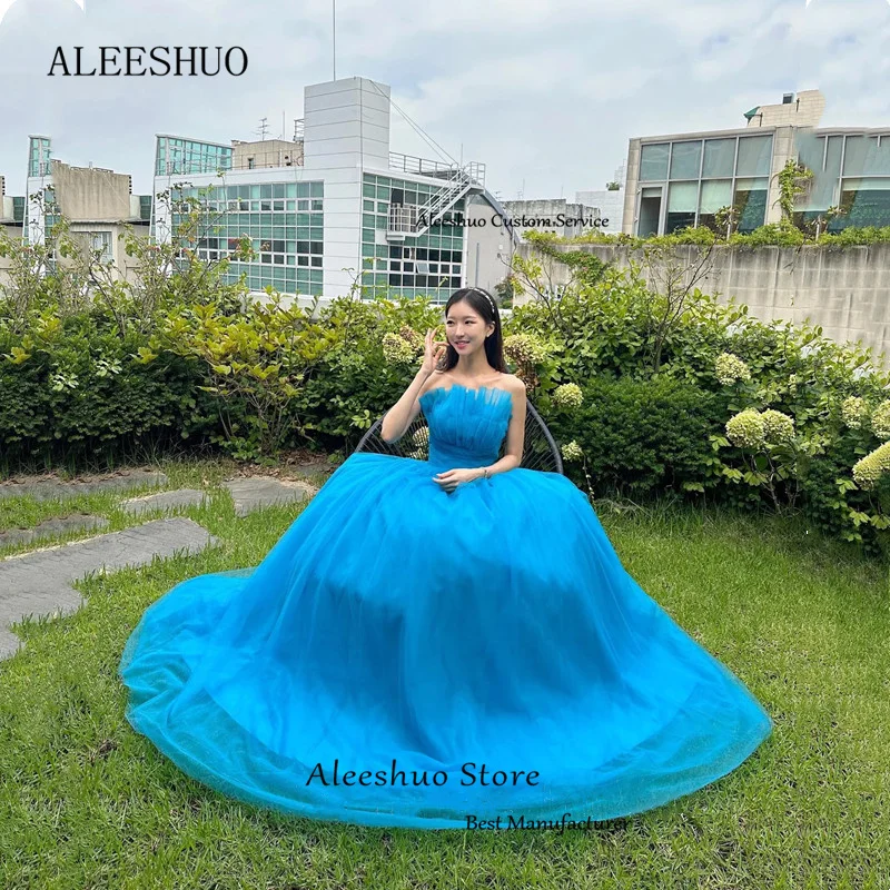 Aleeshuo-vestido de noite sem mangas, elegante, coréia, azul, plissado, sem alças, ocasião formal, 2021