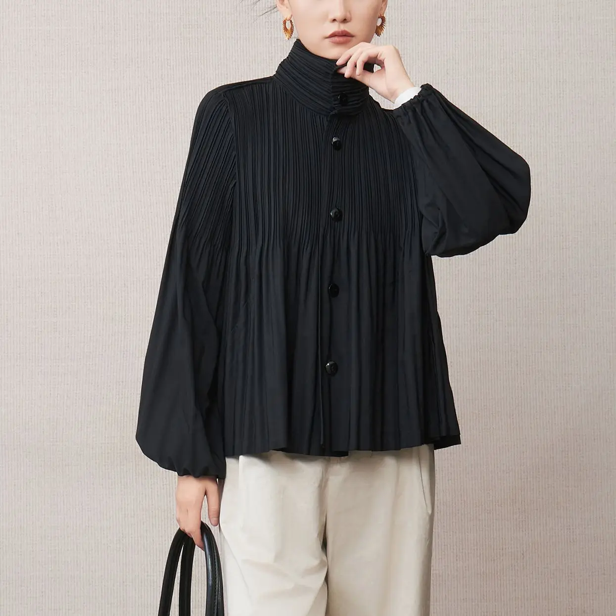 

Женская куртка Miyake, новинка 2025, дизайн, плиссированная короткая куртка с лацканами и рукавами-фонариками, шаровары, модный топ