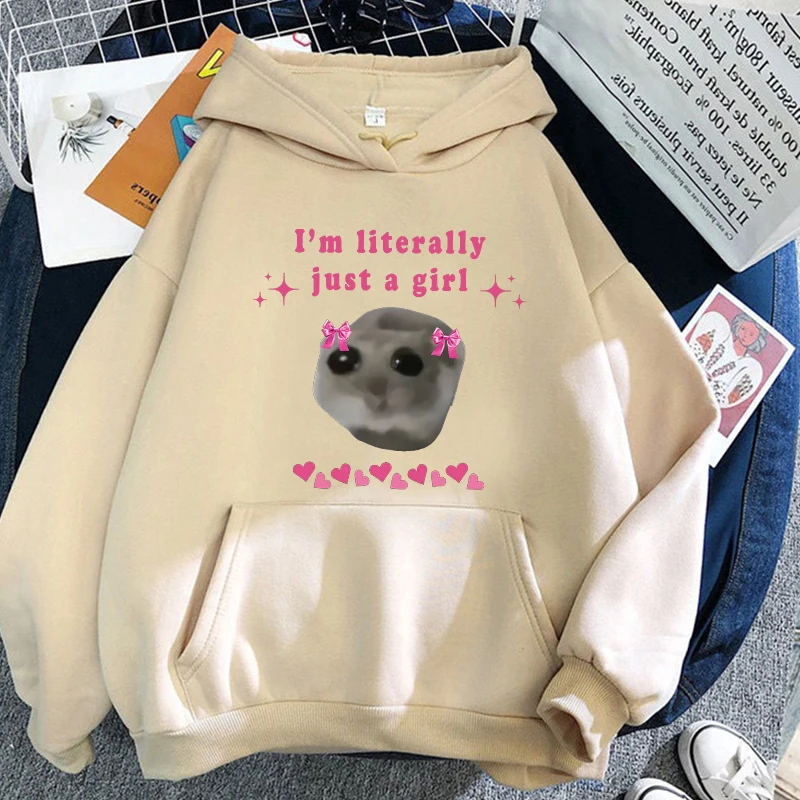 

Cute Sad Hamster I'm Just A Girl Hoodies Women/Men Kawaii Cartoon Print Sweatshirts Long Sleeve White Aesthetic Pullovers Hoodie