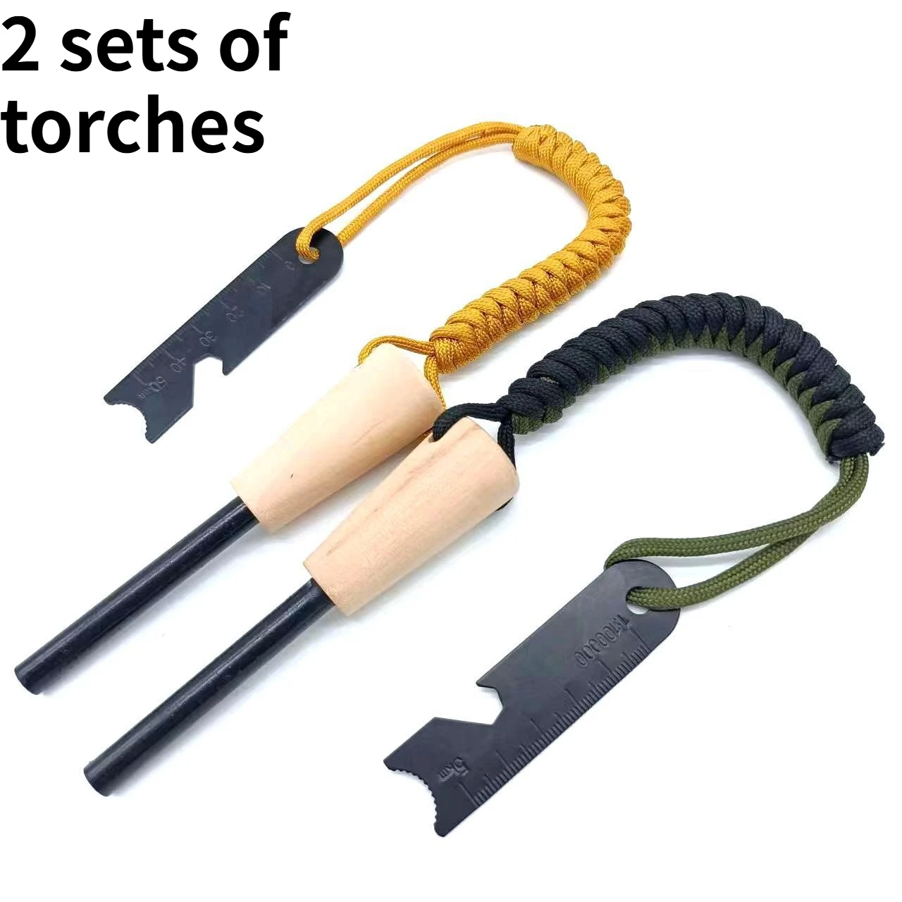 

2Set Outdoor Umbrella Rope Weaving Torch with Bottle Opener Scraper Magnesium Rod Wooden Handle Flint