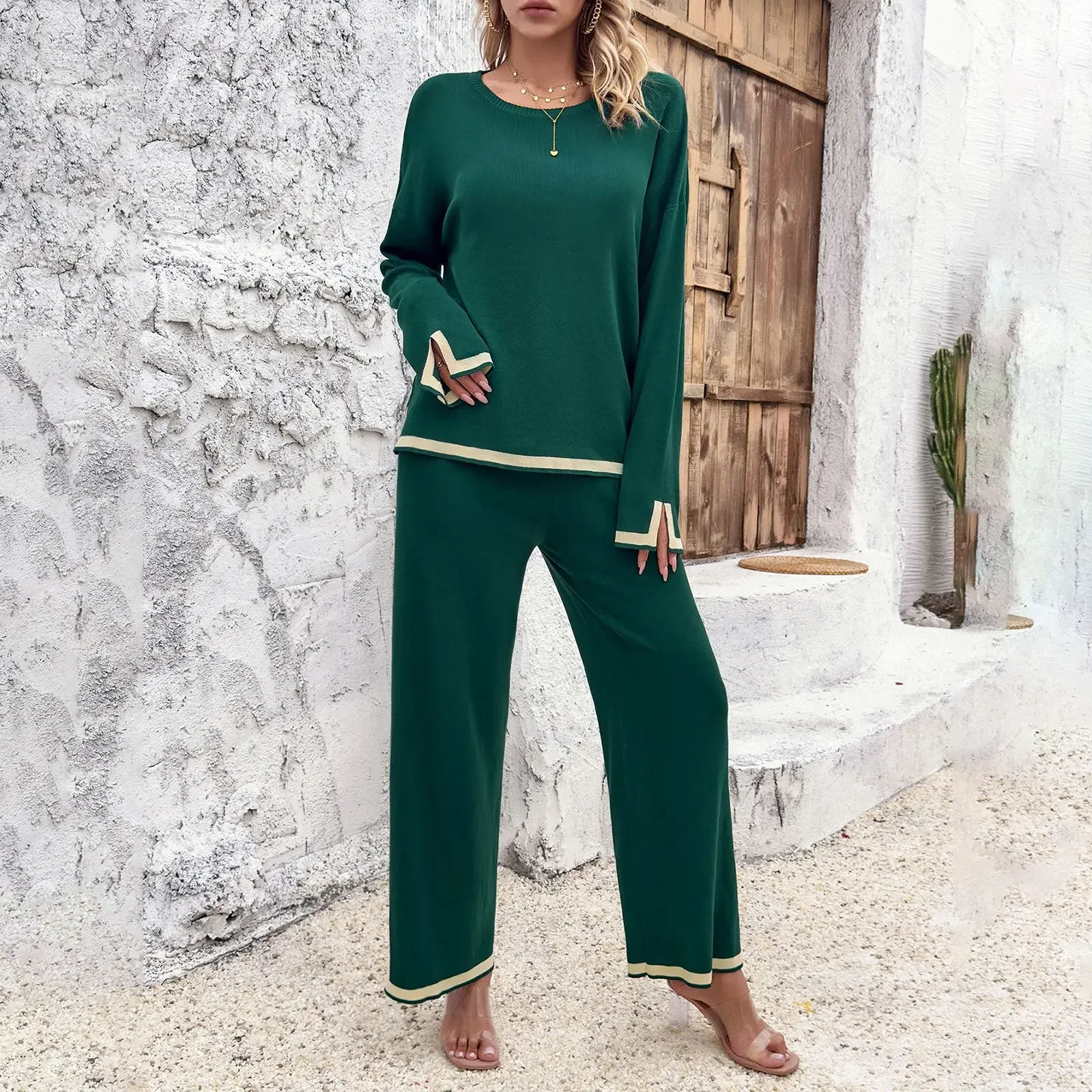 Dameskleding Pak Casual Effen Kleur Gebreide Top Met Lange Mouwen Trui Lange Losse Broek Kleding Pak Homewear