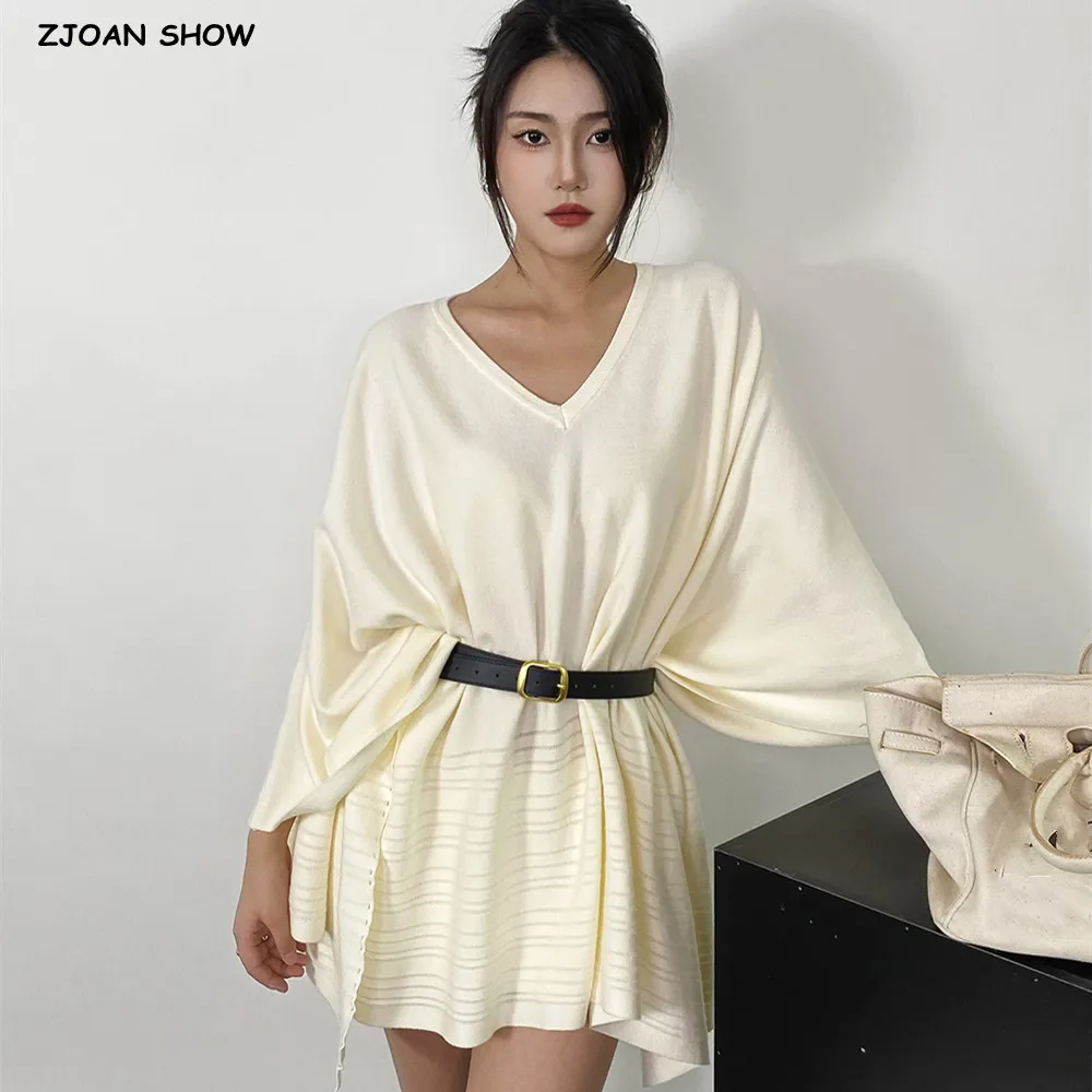 4 ألوان 2025 الخريف الخامس الرقبة بلوفر مغزول غير النظامية سترة عباءة مع حزام المرأة كامل الخفافيش كم كيب فضفاض المتضخم البلوز