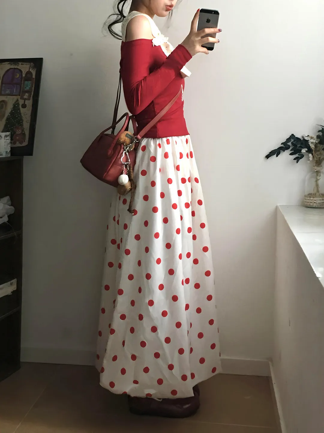 

Laid-ba Sle Polka Dot A-Line Skirt plus Size Women's Spring Loose Slimming Midi Skirt Casual High Waist Skirt