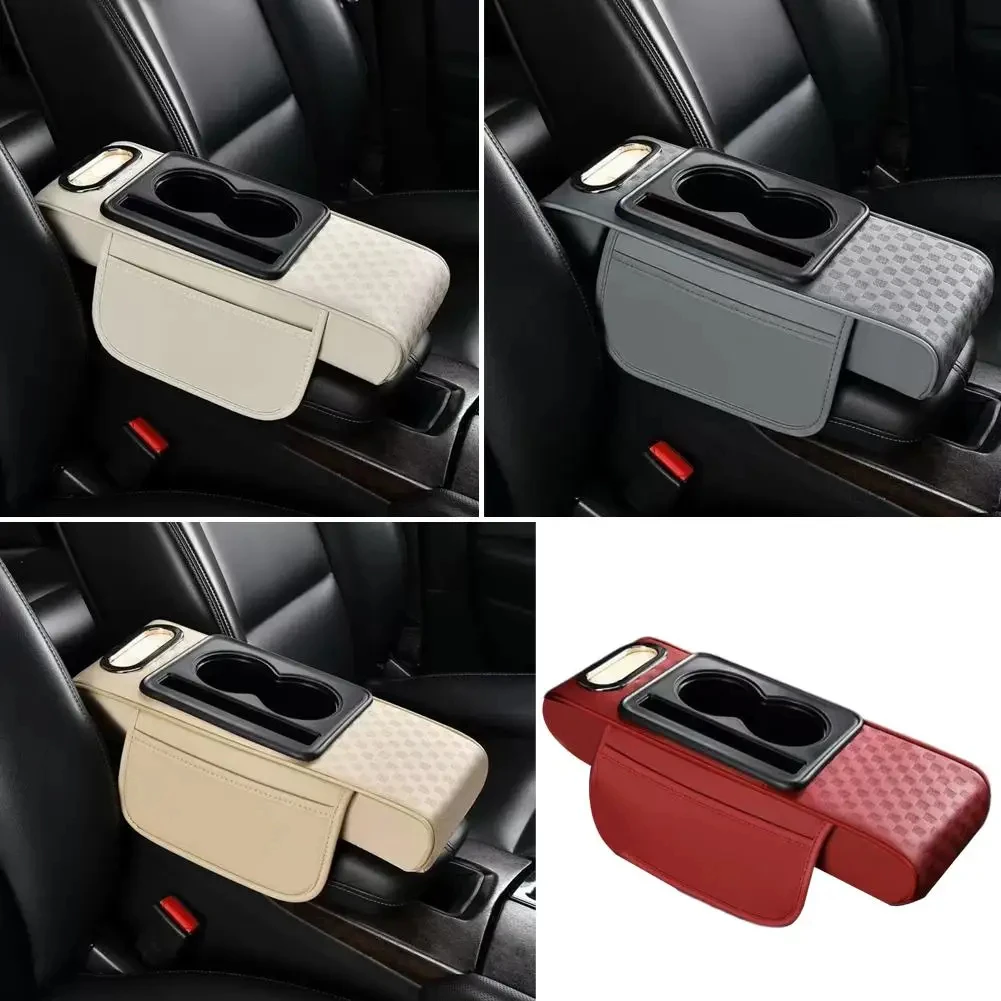 Car Center Console Height Increasing Armrest Cushion Multifunctional PU Leather Armrest Pad with Cup Holder Tissue Box Universal