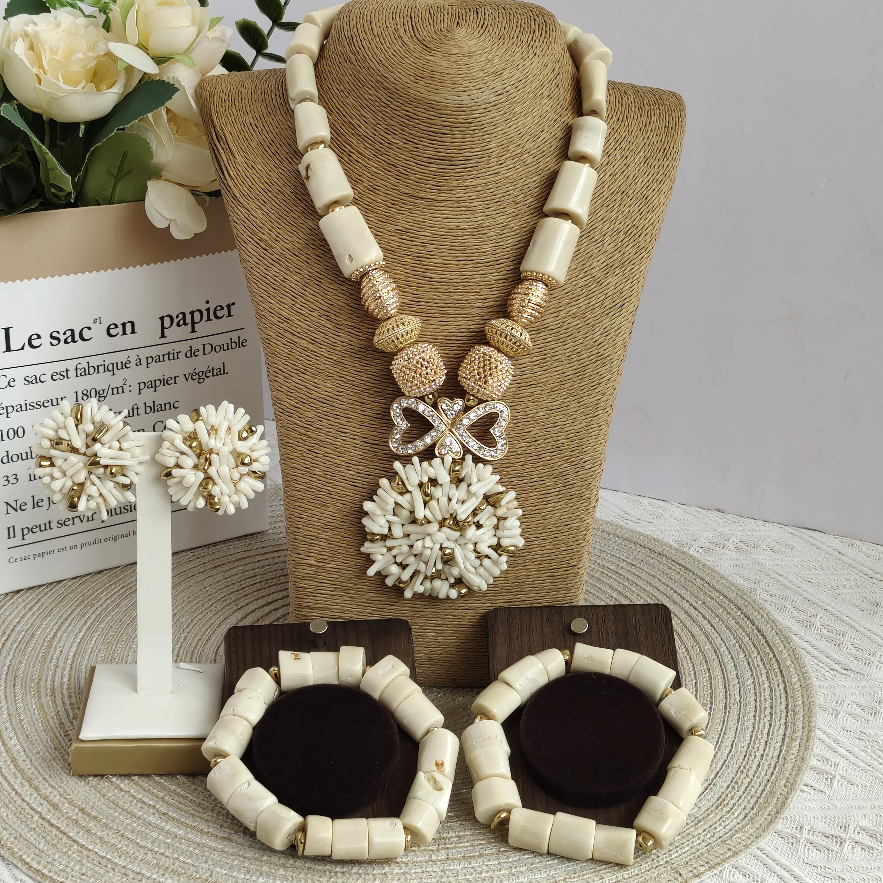 

Laanc white african coral beads jewelry set