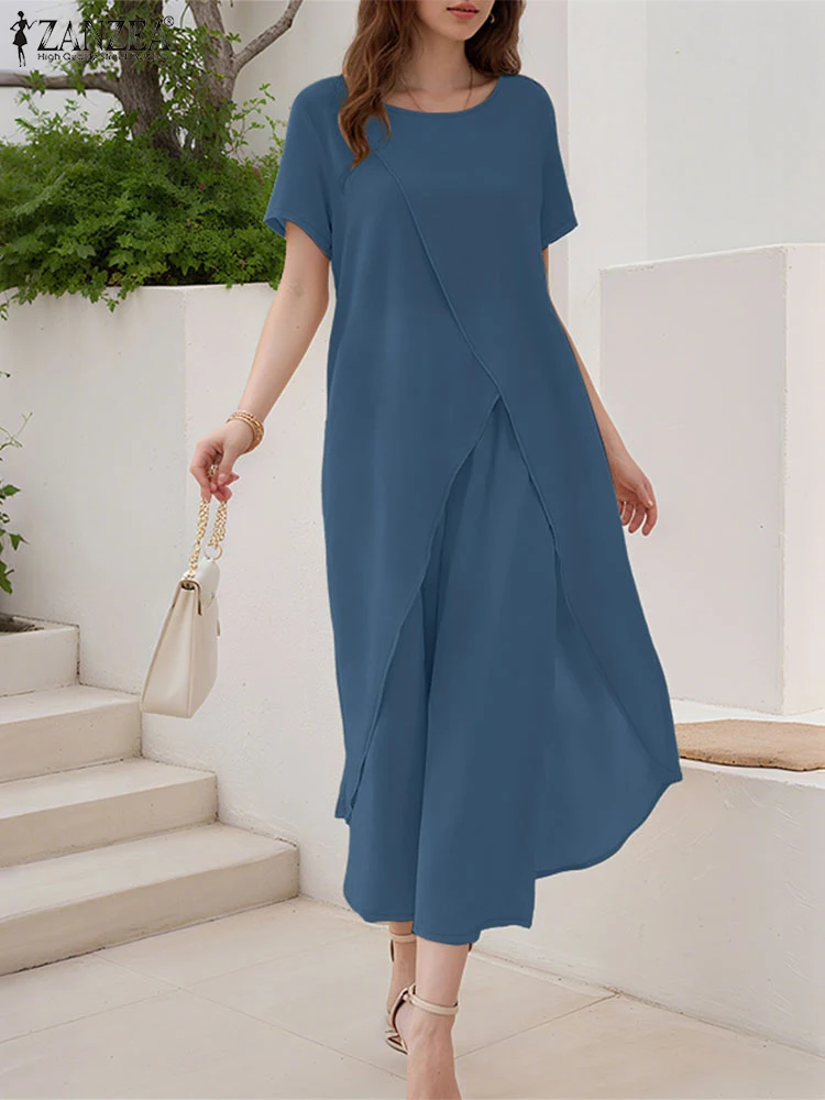 แฟชั่น 2PCS ฤดูร้อนชุด ZANZEA ผู้หญิงทํางานชุดการจับคู่ 2025 Elegant แขนสั้นยาวไม่สม่ําเสมอเสื้อกางเกงชุด OL tracksuit