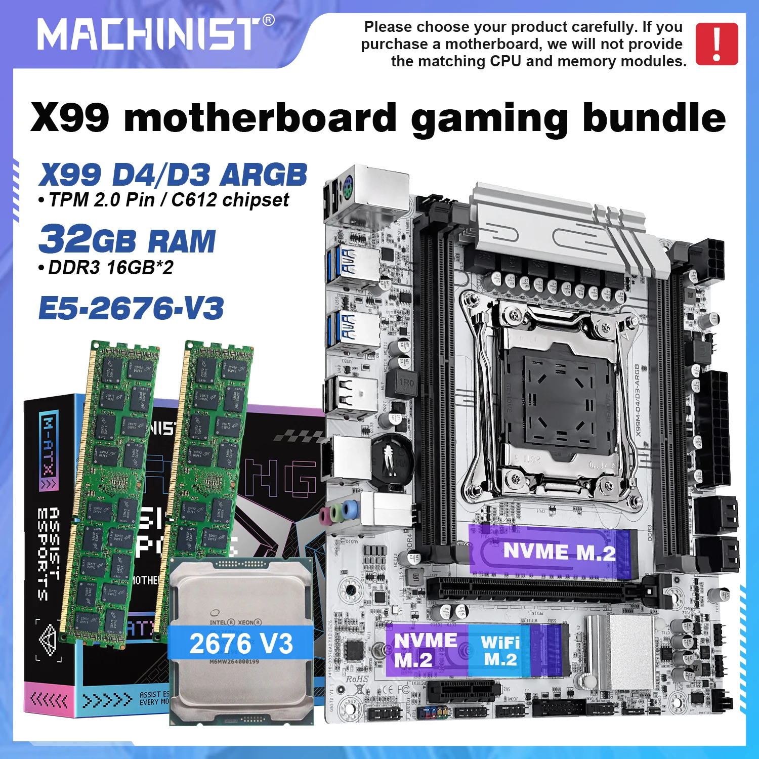 MACHINIST X99 C612 Chip-Motherboard TPM2.0 LGA 2011-3 Kit Xeon 2676 V3 CPU DDR3 2x16GB RAM 2*NVME M.2 M-ATX 3xARGB X99M D4/D3