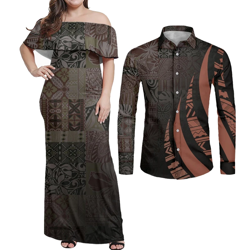 

HYCOOL Pacific Island High Quality Samoa Tribal Puletasi Dresses Customized On Demand Polynesian Ethnic Style Couple Suits