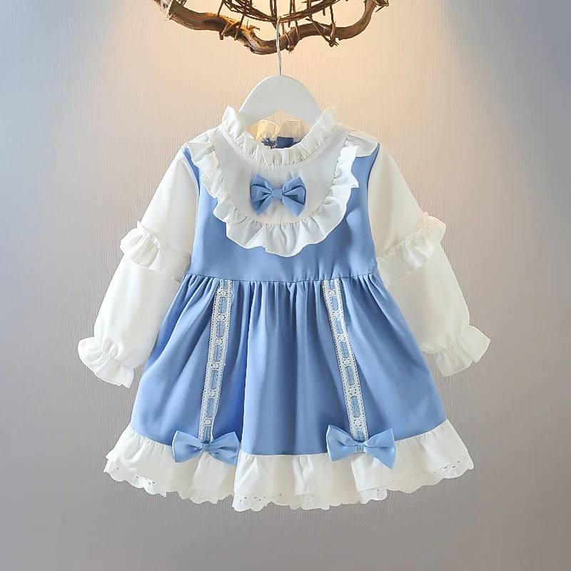 Spring Autumn Toddler Girls\' Dress Blue Bow Pleated Dresss Baby Girl A-line Skirt Princess Dress For Girls Ages 1 to 4