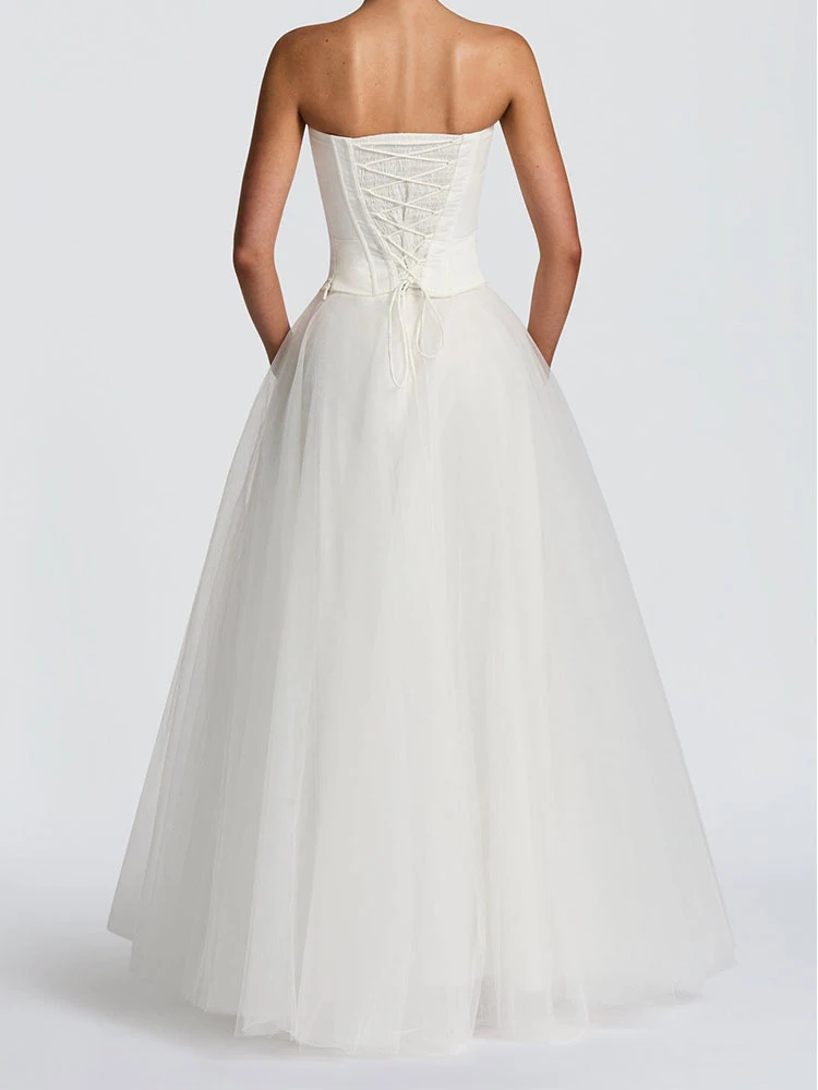 Сексуальный укороченный топ без бретелек и сетчатые юбки Вечерние наряды Женские элегантные однотонные банкетные костюмы без рукавов Модные милые платья Комплекты из 2 предметов