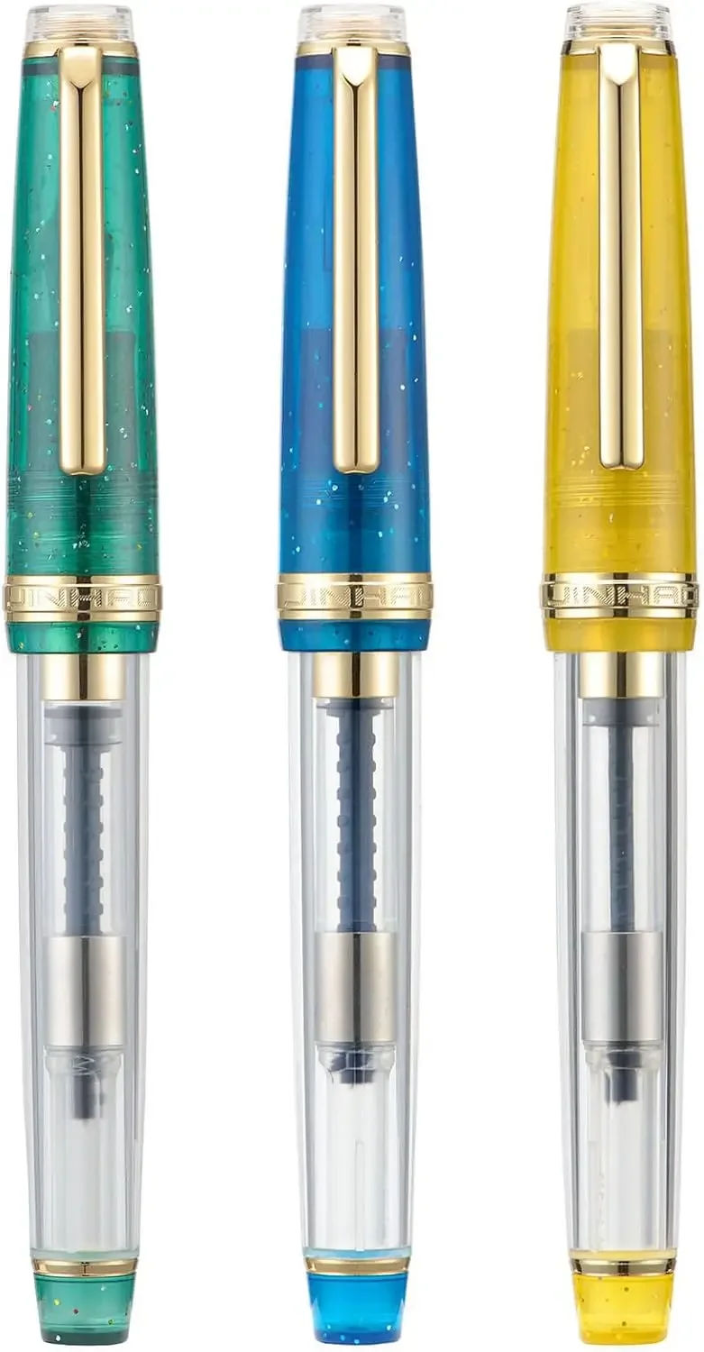 

3 Fountain Pens Set, Transparent Starry Sky, Fine Nib, Gold Trim, with Converters, Elegant Writing