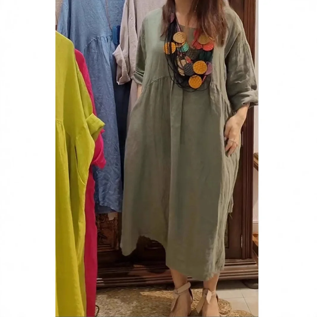 

2025 New Women's Casual Solid Color Pocket Cotton and Linen Dress