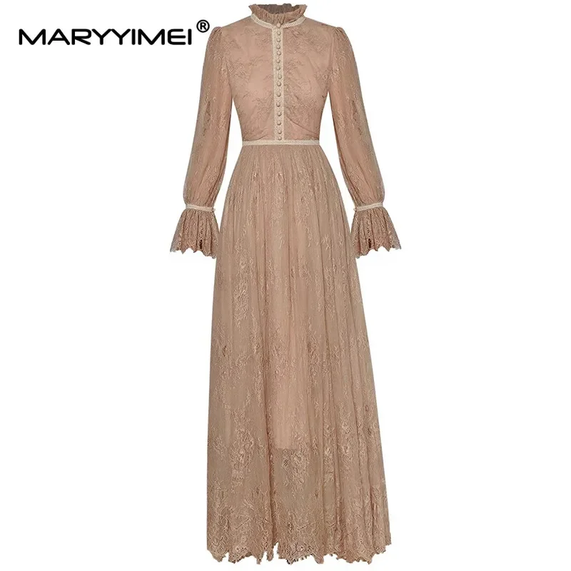 

MARYYIMEI Autumn Fashion Designer Women dress Standing collar Long sleeved Lace Print Slim Elegant Midi Dresses