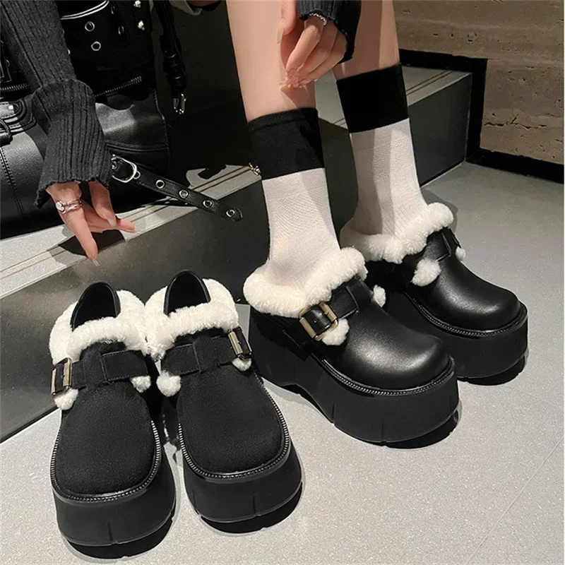

2024 Winter Platform Fur Flats Women Fur Mules Boots Suede Shoes Fashion Shallow Slip On Ladies Casual Outdoor Warm Shoes