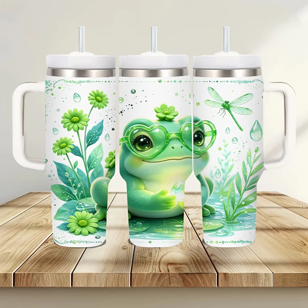 Cute Green Frog Dragonfly Plant Print Large Capacity 40Oz Insulated Tumbler with Handle, Suitable for All People, Fits Both Hot And Cold Drinks, Ideal for Daily Use Outdoor Home And Office Scenes