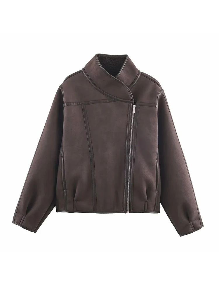 المرأة الجديدة الرجعية على الوجهين زيبر سترة الشارع الشهير فضفاض الوقوف طوق وسيم دراجة نارية سترة معطف خمر #1