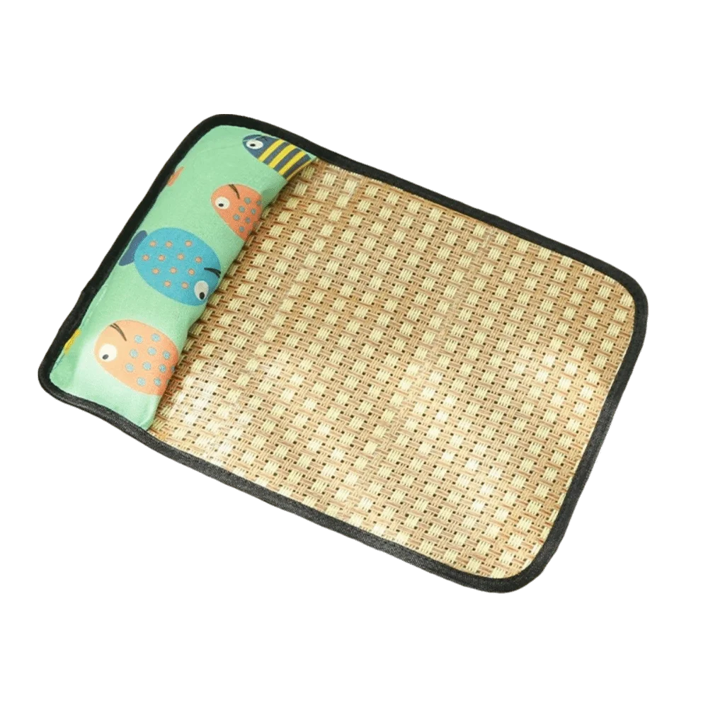 Rattan Weave Pet Cooling Mat Cartoon Pattern Breathable Dog Crate Sleep Bed Anti-Slip with Pillow Cat Cooling Pad