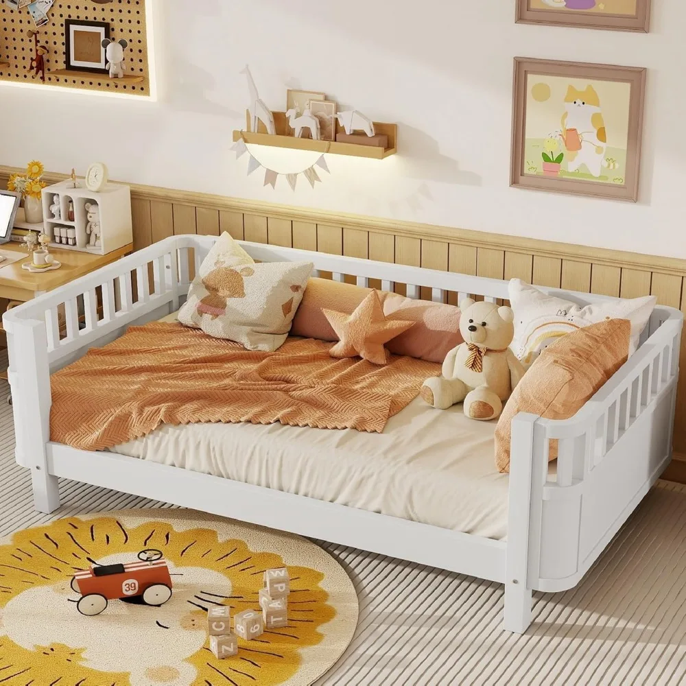 Tempat Tidur Kayu Ukuran Penuh Bergaya Montessori dengan Profil Rendah dan Rel Pengaman, Tempat Tidur Anak Hemat-Ruang untuk Anak Laki-Laki