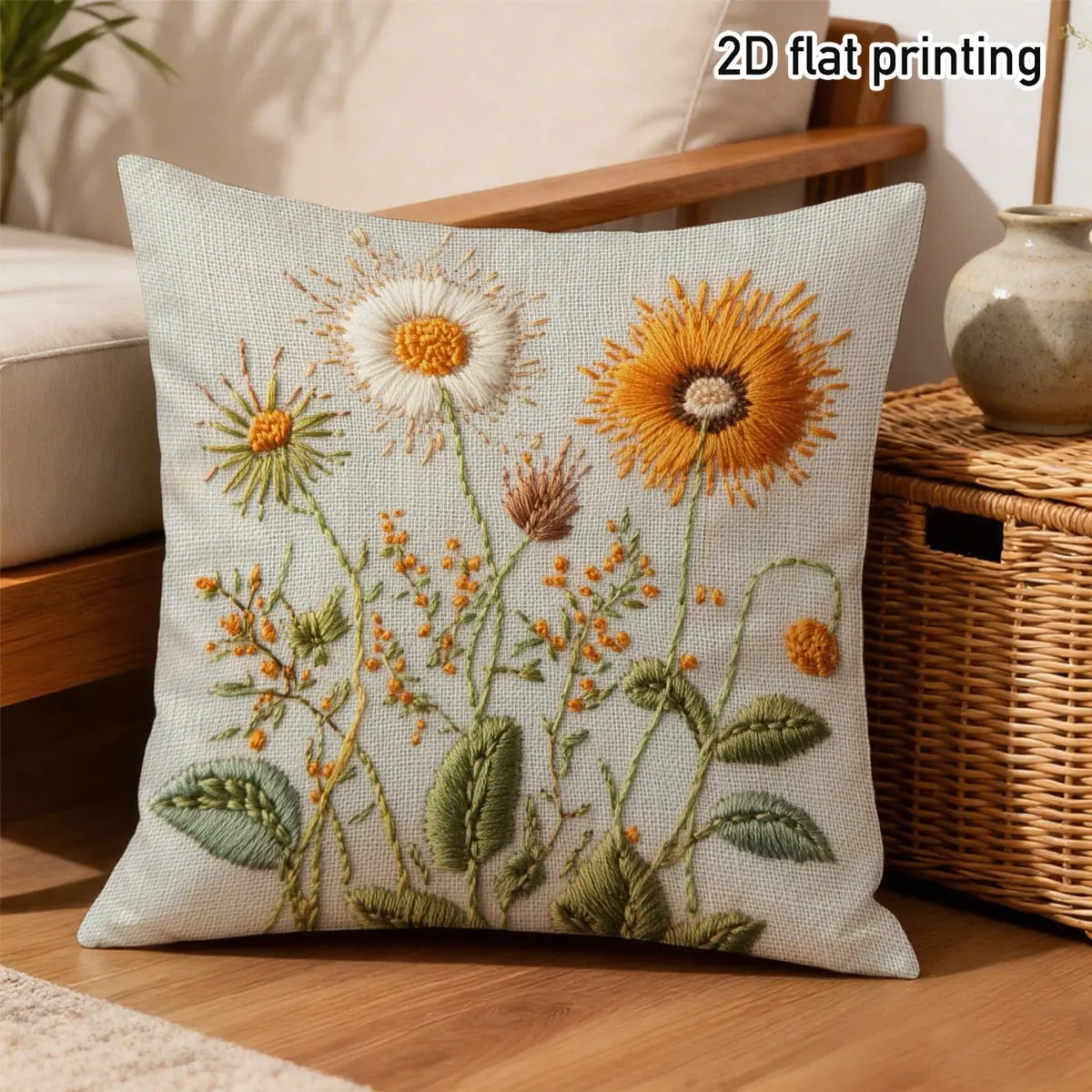 2D Löwenzahn Wildblumen Kissenbezug Boho Botanischer Blumendruck Dekorativer Kissenbezug für Landhaus-Dekoration