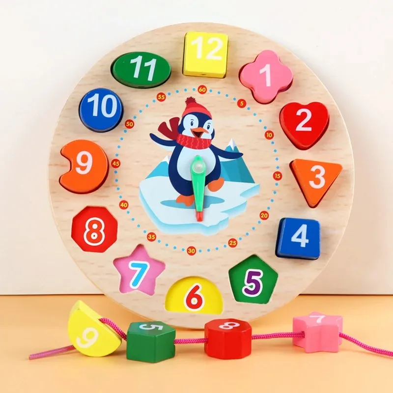 Children's Wooden Digital Beaded Penguin Clock Toy Children's Shape Matching Recognition Alarm Clock Puzzle Educational Toys