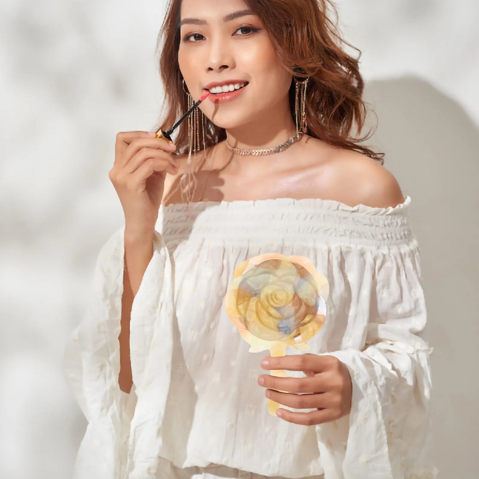 

Handheld Makeup Mirror Flower Design Small Portable Hand Mirror for Travel Home Use Women Girls Acetic Acid Material