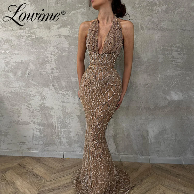 Lowime On Sale 2024 Brown Beads Sequined Party Dress Halter V Neck Sexy Prom Gown Customize Mermaid Women Evening Dresses Cheap