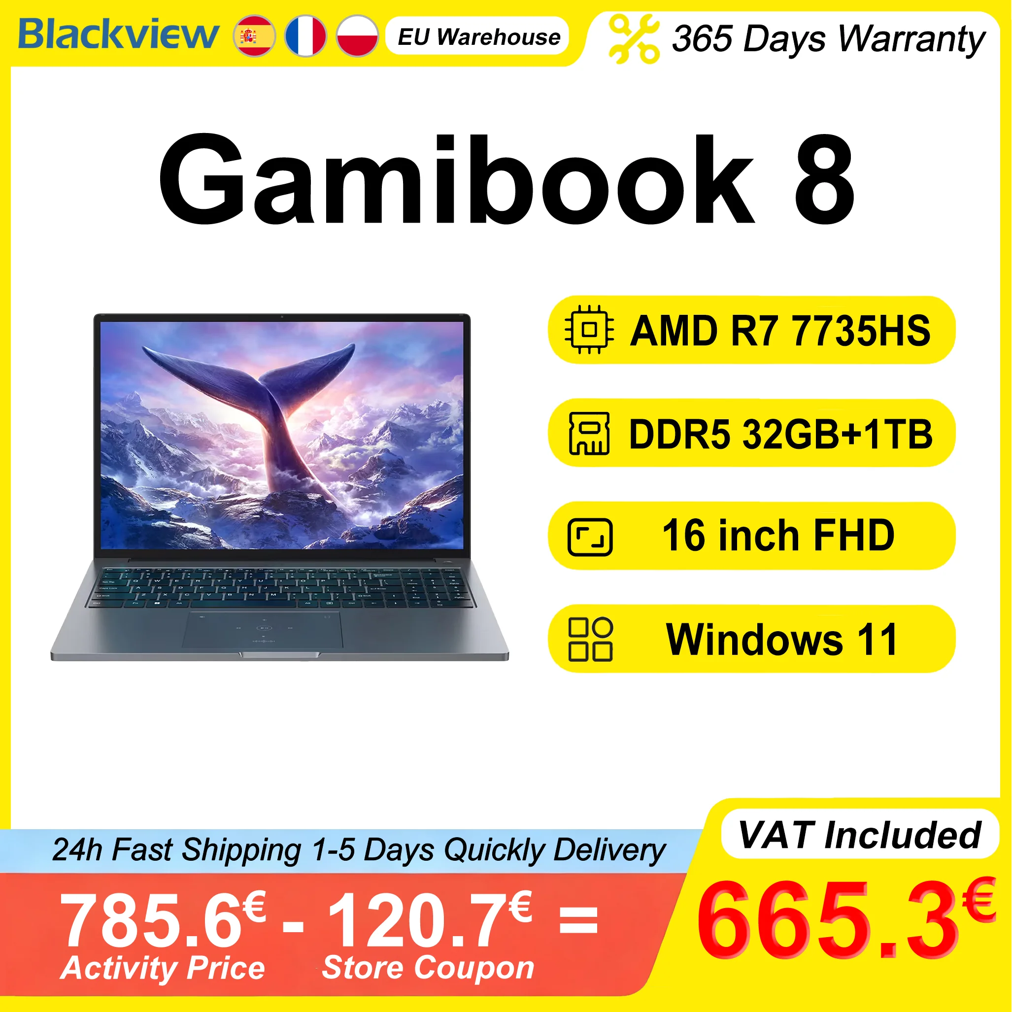 Blackview ‎ GamiBook 8 Laptop 16 Pollici AMD R7 7735HS DDR5 16GB/32GB RAM 512GB/1TB ROM Windows 11 Pro BT5.2 Wifi6