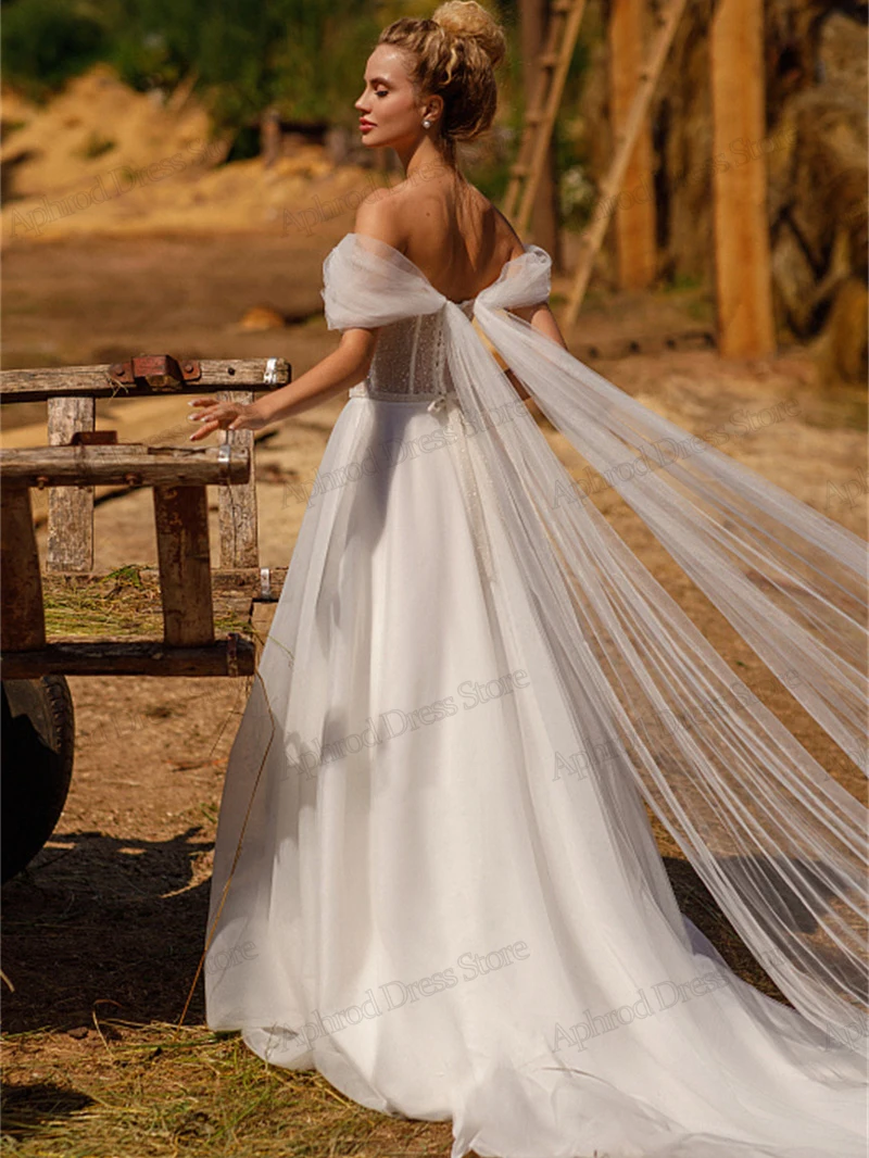 Vestidos De Novia elegantes, línea A, tul, escalonado, hombros descubiertos, apliques De encaje, Vestidos De Novia encantadores, 2024