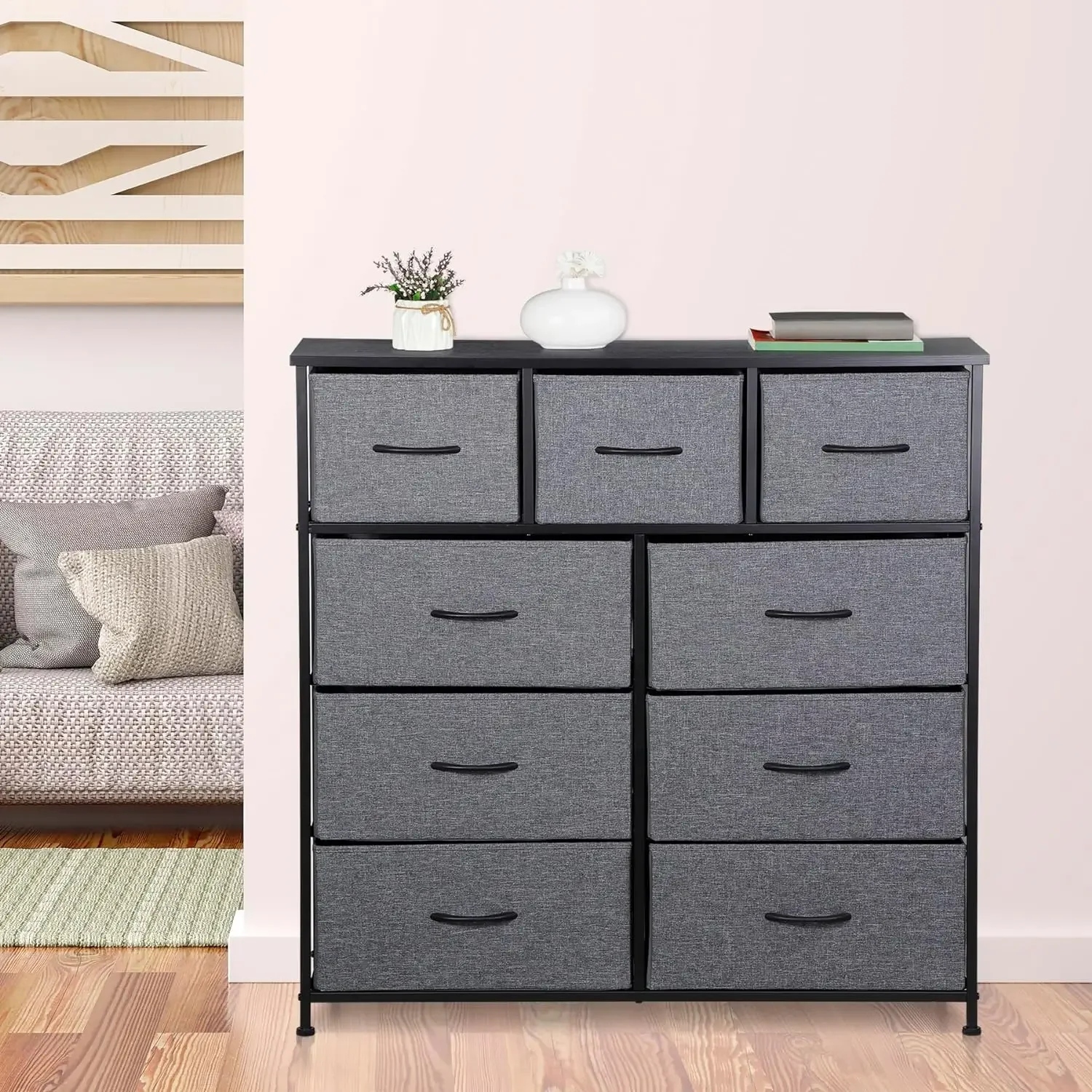 9 Drawers Dresser,Fabric Storage Tower, Organizer Unit Tall Chest with Fabric Bins, Steel Frame, Wooden Top & Easy Pull Handle