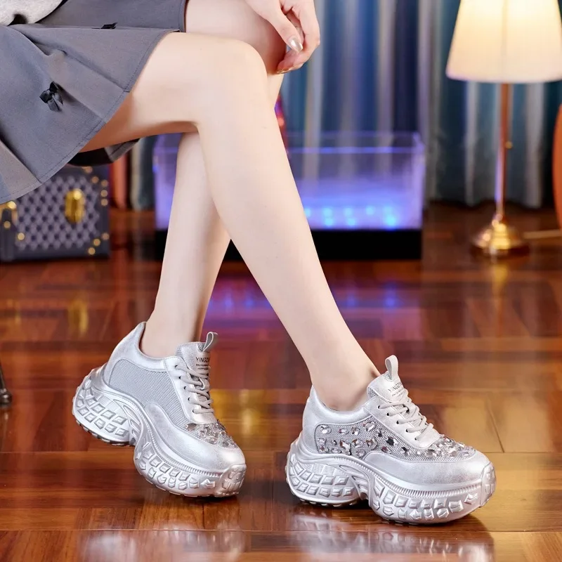 8cm Air Mesh vera pelle Chunky Sneaker moda donna stivaletti Bling donna comode scarpe vulcanizzate estive con strass