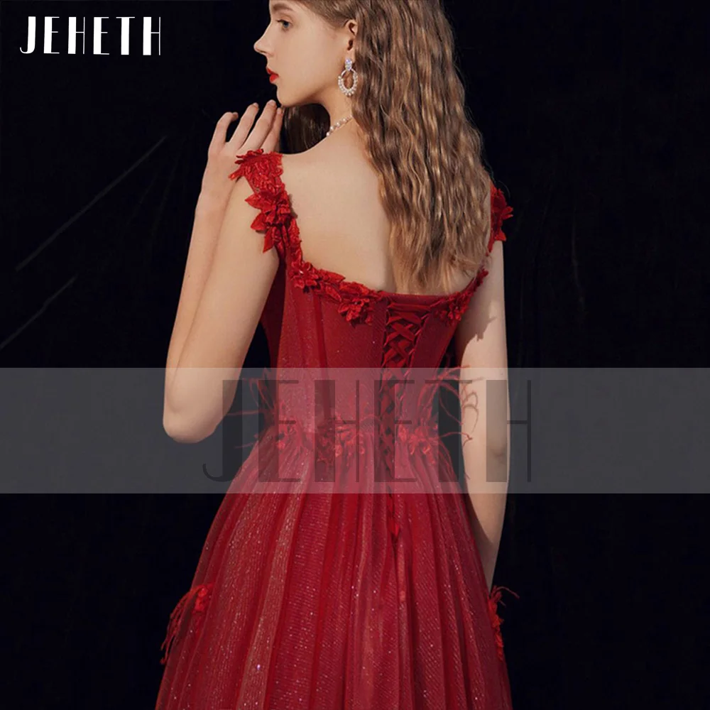 JEHETH vestido de fiesta de tul rojo con hombros descubiertos, brillante, flores con plumas, purpurina, escote Corazón, línea A, espalda abierta, vestido de noche Formal