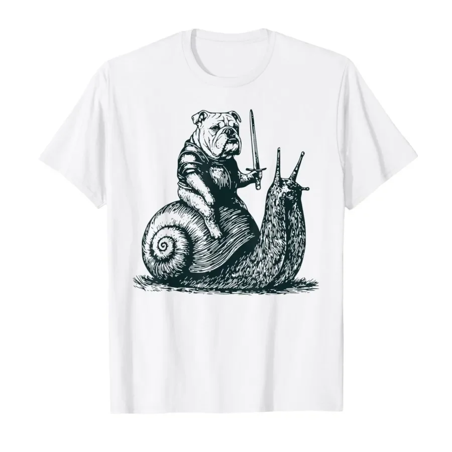 

Medieval Bulldog Knight Riding Snail Vintage Funny Dog Meme T-shirt For Men Women 100% Cotton T Shirts Short Sleeve Tops 0403-2