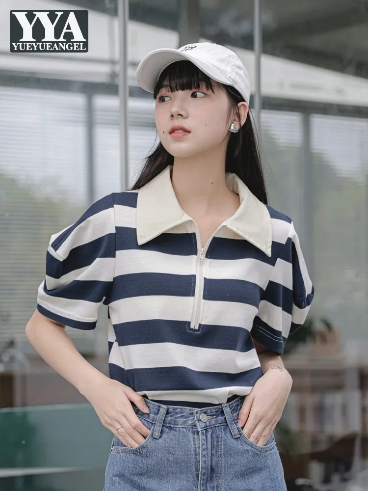 

Summer Preppy Style Women Wide Stripe T-Shirt Lapel Pull Short Sleeve Casual Top Zip Loose Fit Pullover Tees Female T-Shirts