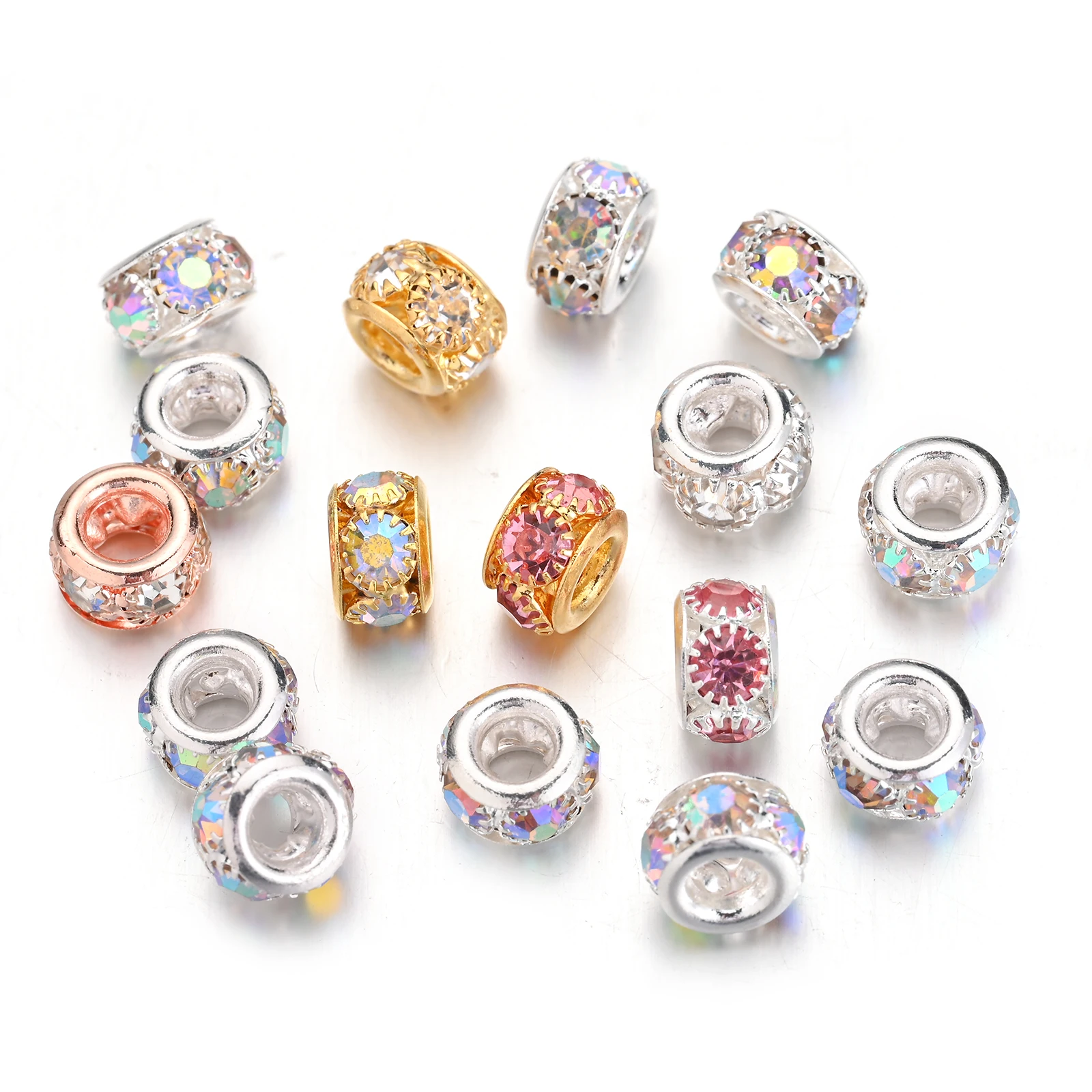 10 Stück 8/10mm Strass-Legierungs-Abstandsperlen, gemischte Farben, Kristall-Rondellperlen, große Lochperlen für DIY-Armband-Schmuckherstellung – Detail 4