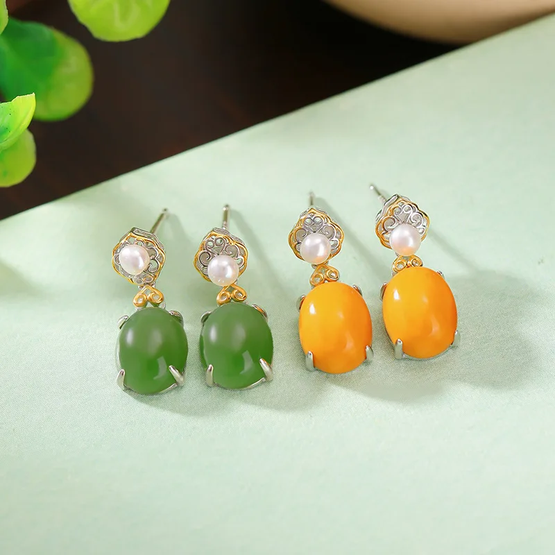 

S925 Sterling Silver Jasper Amber Pearl Ruyi Versatile Earrings