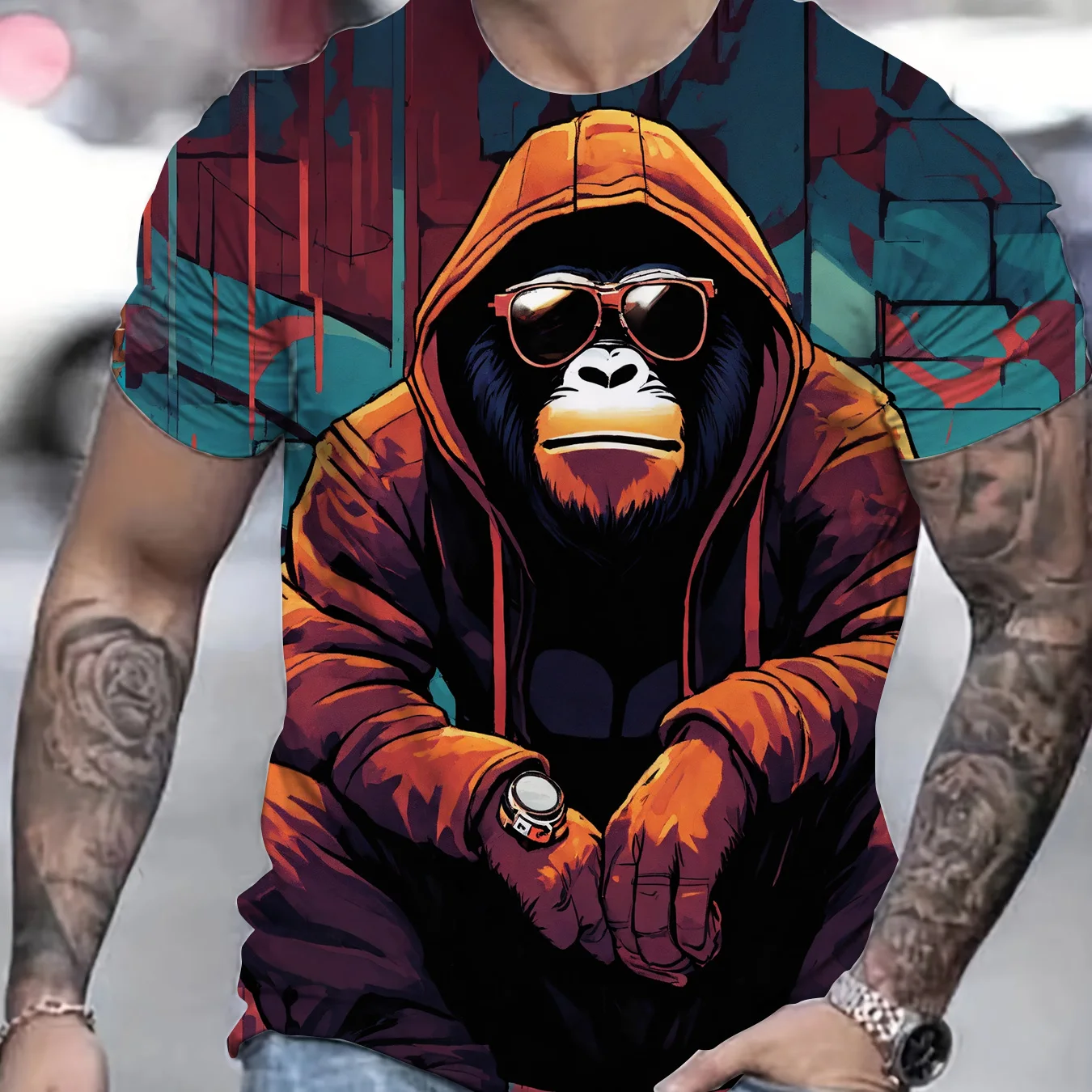 Men's monkey pattern printed T-shirt, men's casual O-neck short sleeved top, fun 3D street wear, fashionable hip-hop men's cloth