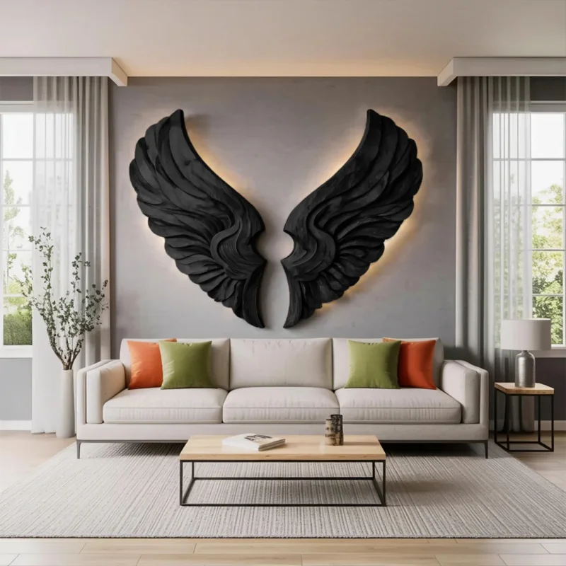 ！@Handcrafted Solid Wood Angel Wing Motif Wall Hanging Ornament Carved Relief Illuminated Home Art L110xH140cm