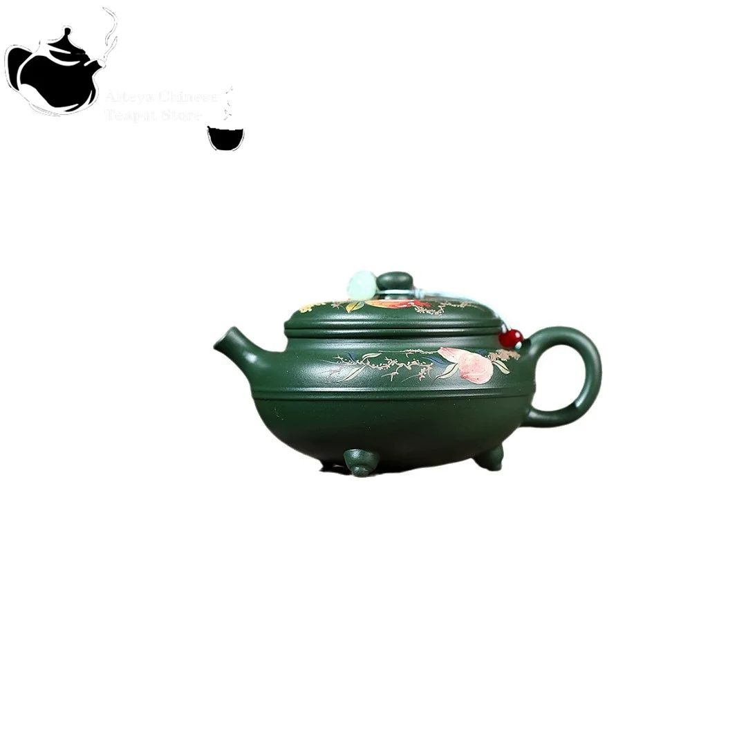 Yixing purple clay teapot, original ore, green clay, three legged flower and bird teapot, Chinese Kung Fu tea set