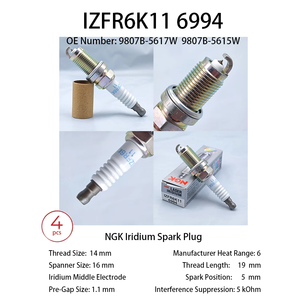 

4 шт. оригинальные лазерные иридиевые свечи зажигания NGK IZFR6K11 6994 подходят для Civic CRV Vanguard Accord CD5 Odyssey Mileage Rhyme 1.8