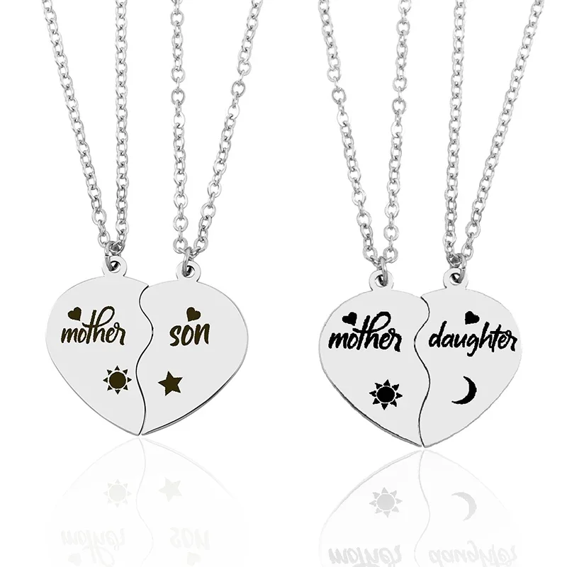 2Pc/Set Mother Daughter Son Heart Puzzle Pendant Necklace Stainless Steel Sun Moon Necklaces for Mom Children Festival Gift New