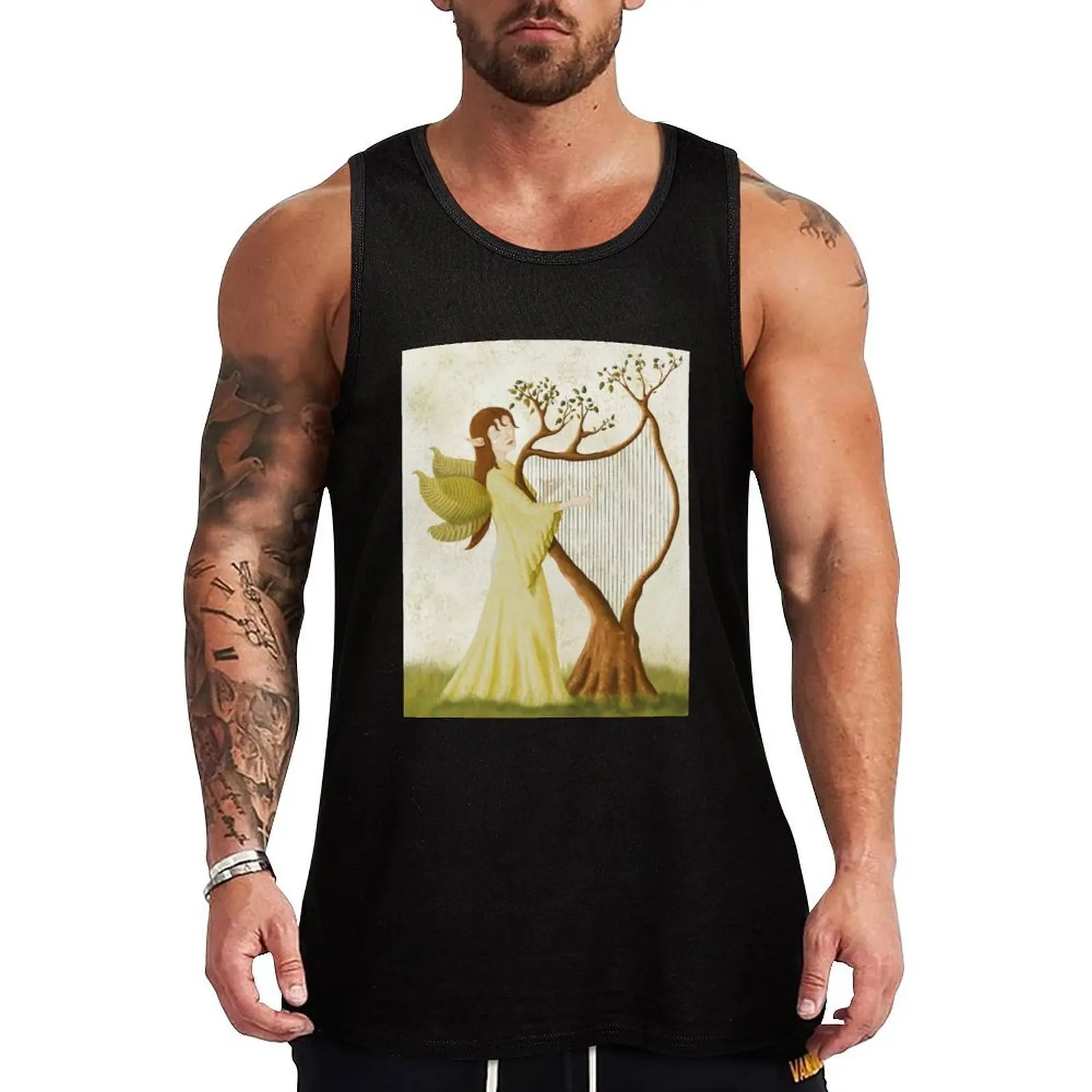 Fairy and harp tree Tank Top Retro Print Tank Top Vintage Graphic Sleeveless